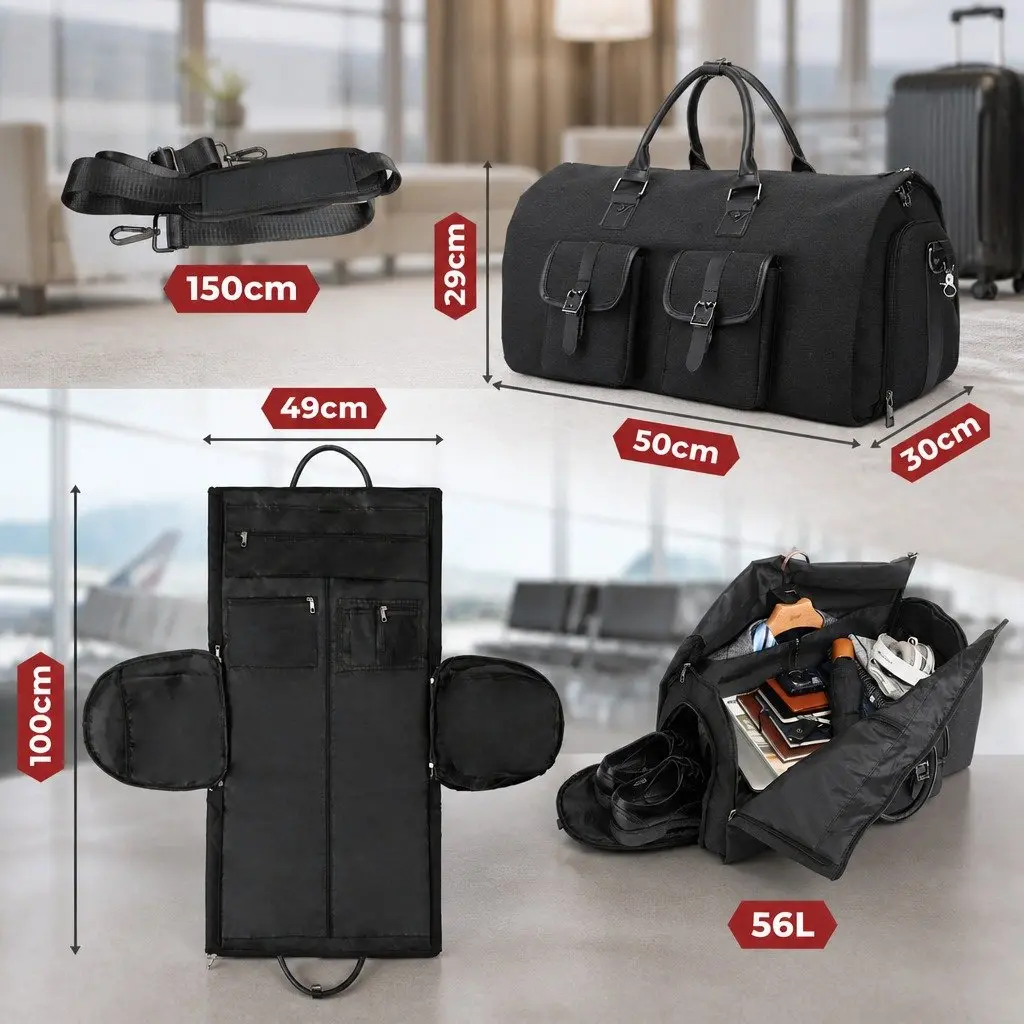 Carry On Garment Bag 2 In 1 Travel Bag Waterproof Black 50cm x 30cm x 29cm
