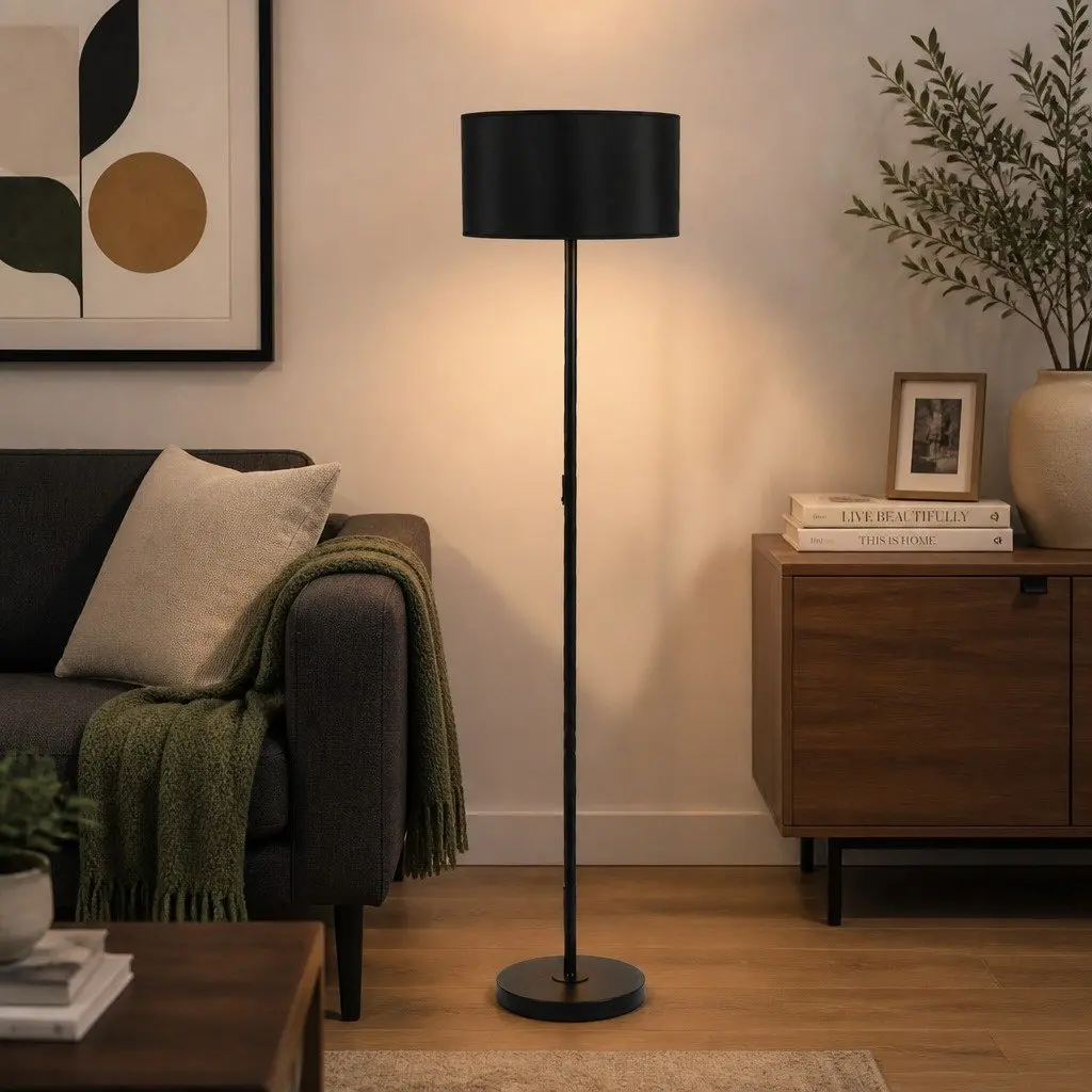 Modern LED Floor Lamp Black Linen Shade Reading Standing Light Living Room