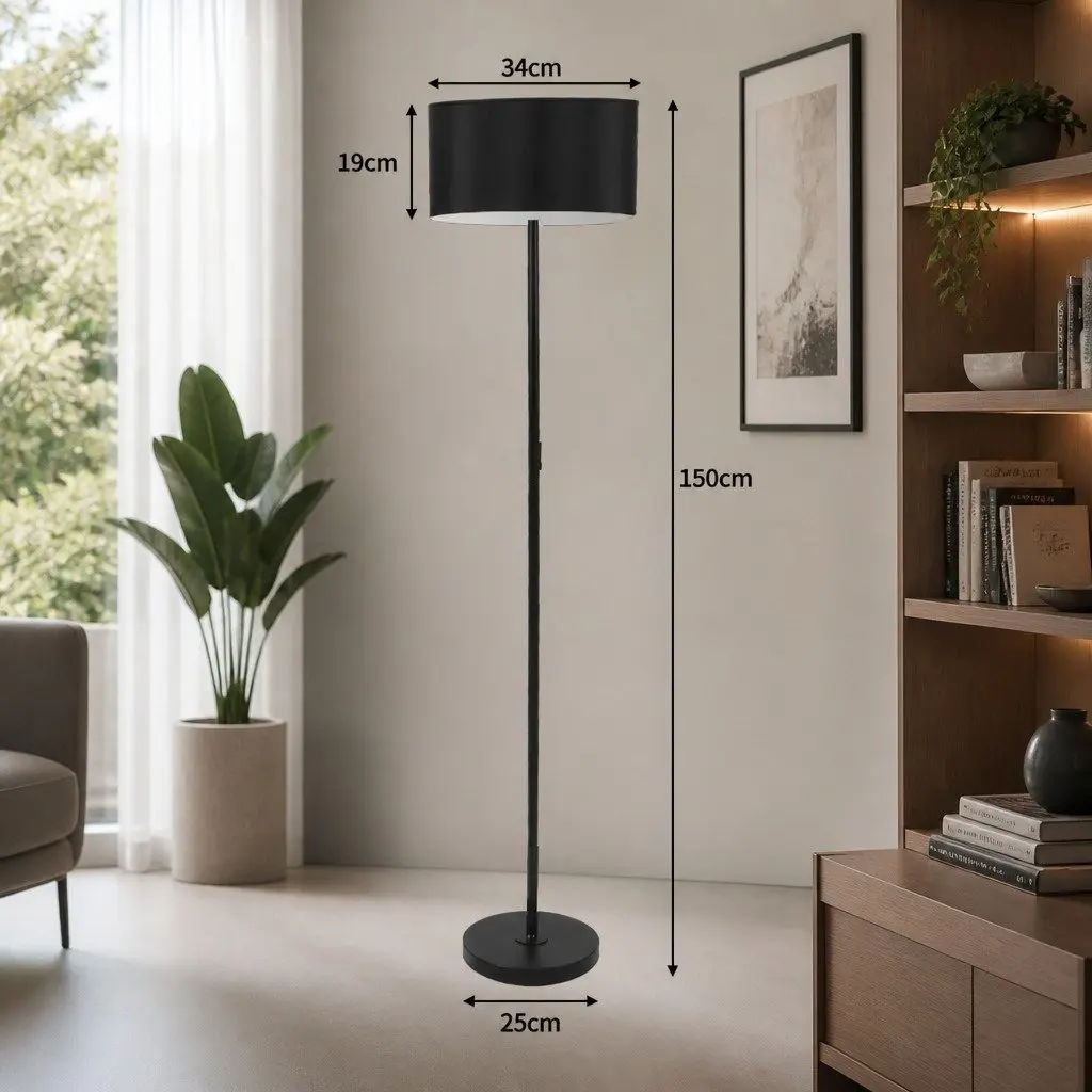 Modern LED Floor Lamp Black Linen Shade Reading Standing Light Living Room