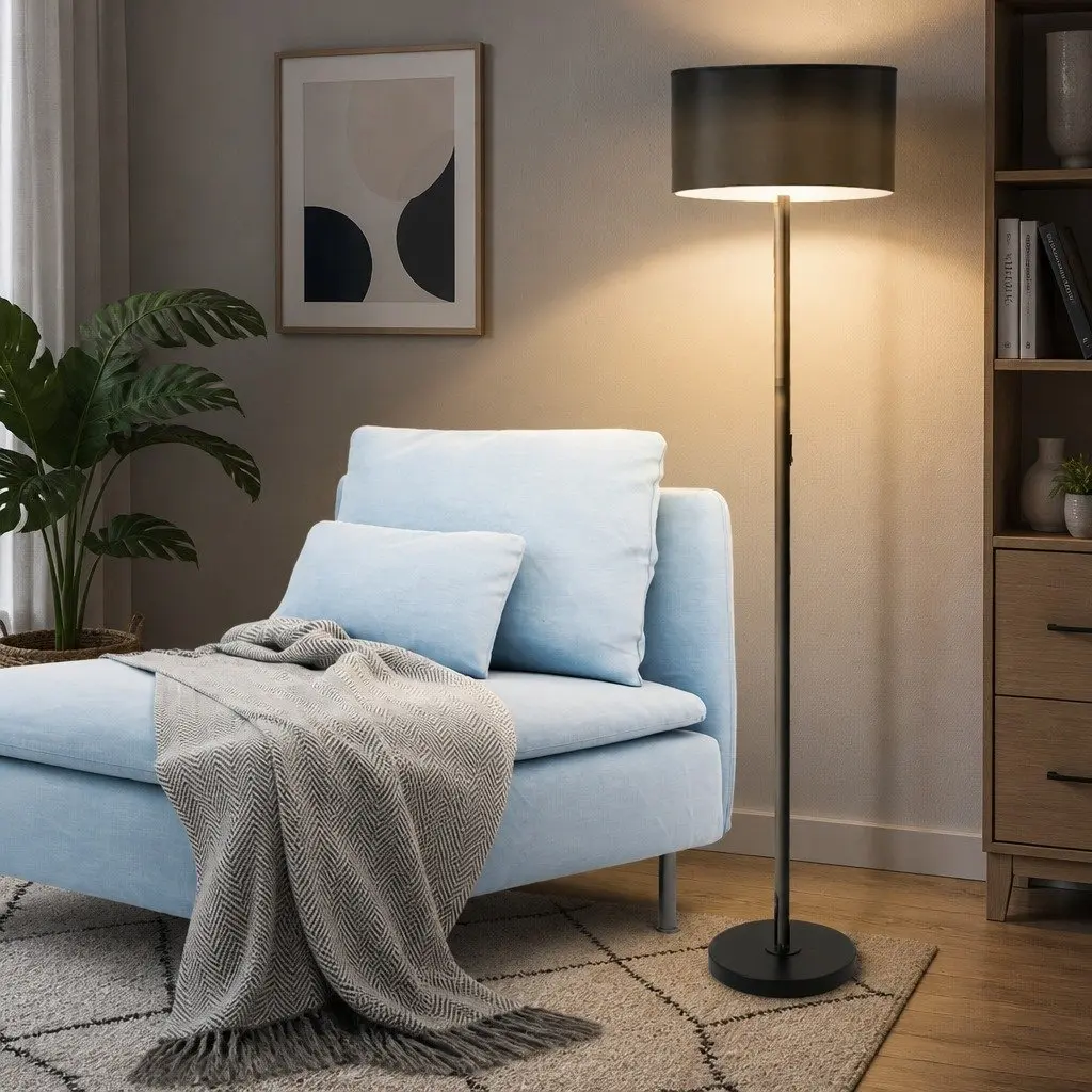 Modern LED Floor Lamp Black Linen Shade Reading Standing Light Living Room
