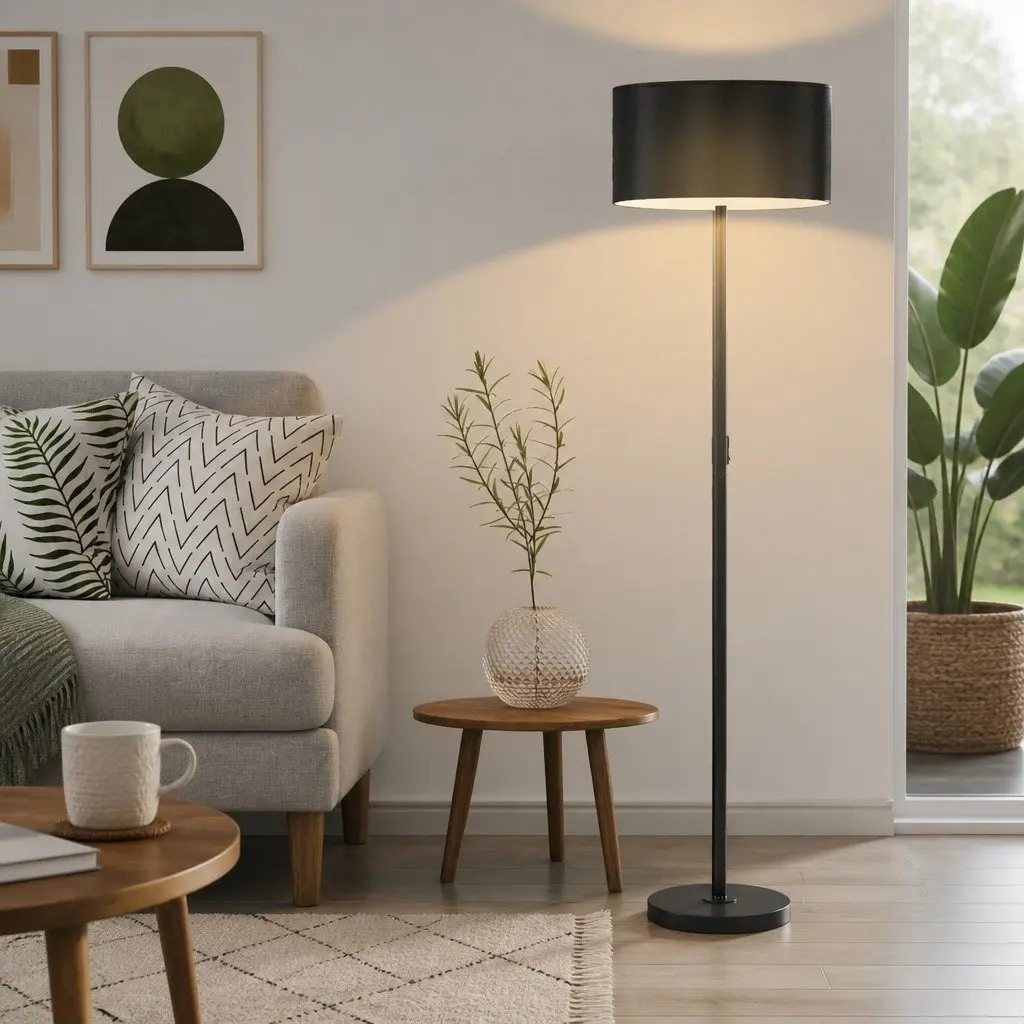 Modern LED Floor Lamp Black Linen Shade Reading Standing Light Living Room