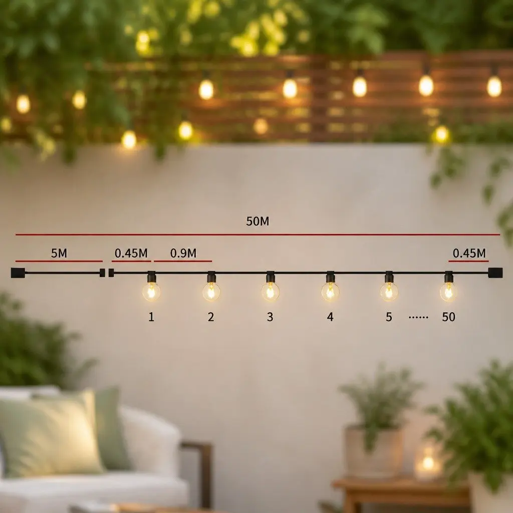 Festoon String Lights LED 50M PVC 50 Bulbs Warm White Outdoor Indoor Garden Wedding