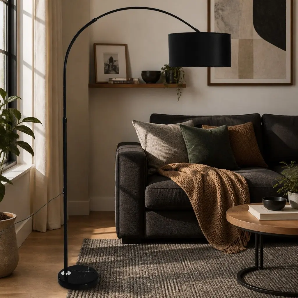 Modern LED Floor Lamp Reading Light Adjustable Arm Marble Base Black