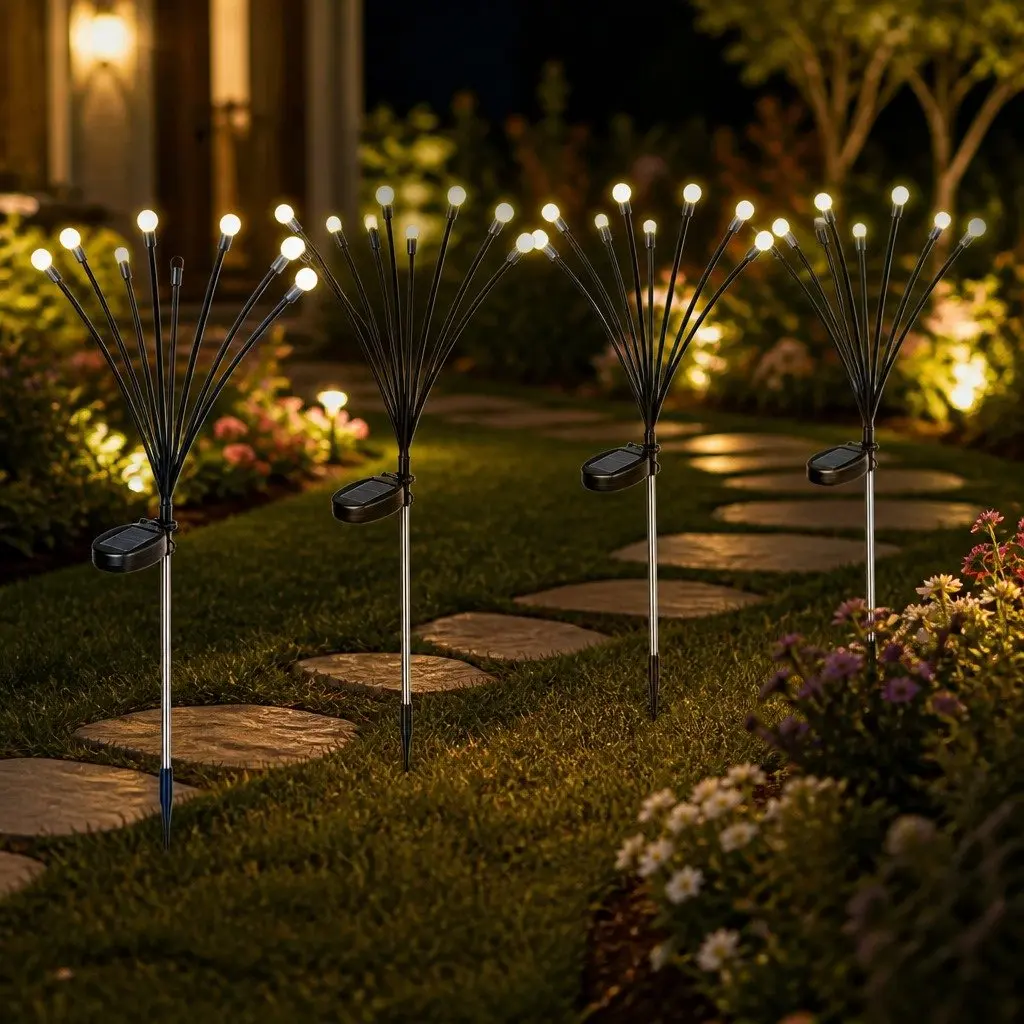 Solar Lawn Lights 8 Head LED Warm White Outdoor Garden Pathway Stake Lights Black 73cm H