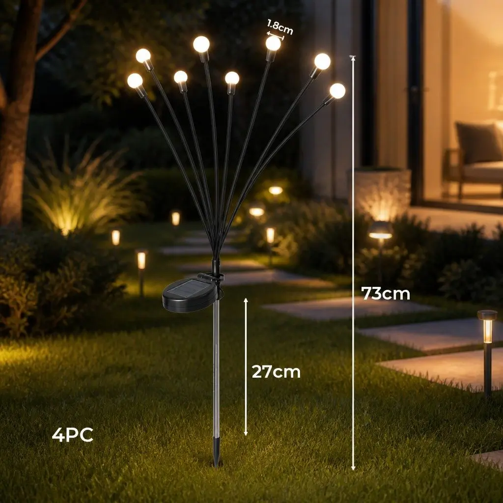 Solar Lawn Lights 8 Head LED Warm White Outdoor Garden Pathway Stake Lights Black 73cm H