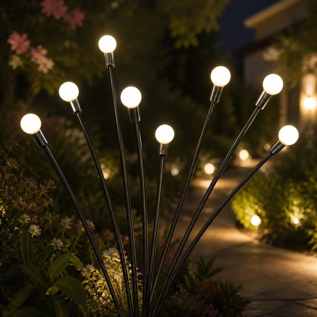 Solar Lawn Lights 8 Head LED Warm White Outdoor Garden Pathway Stake Lights Black 73cm H