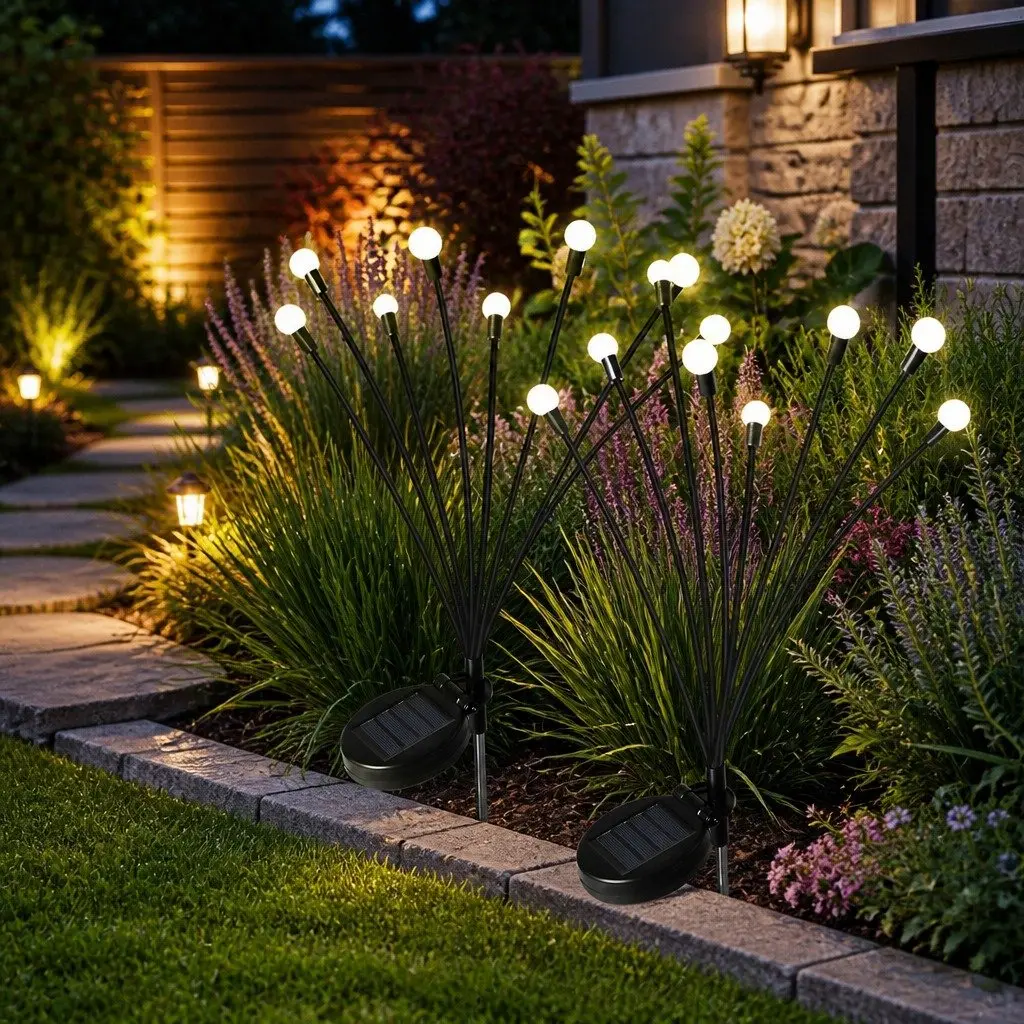 Solar Lawn Lights 8 Head LED Warm White Outdoor Garden Pathway Stake Lights Black 73cm H