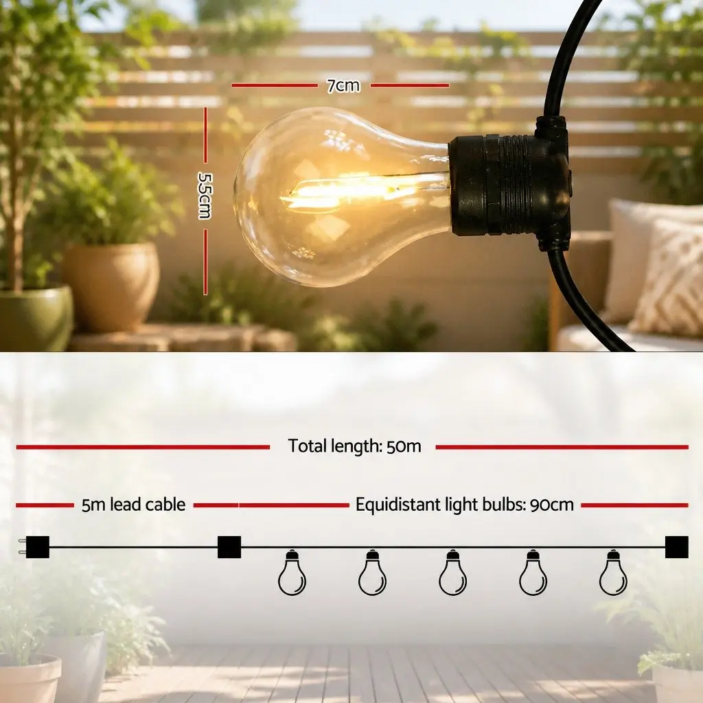 Festoon String Lights 50m Outdoor Wedding Garden Party Warm White LED