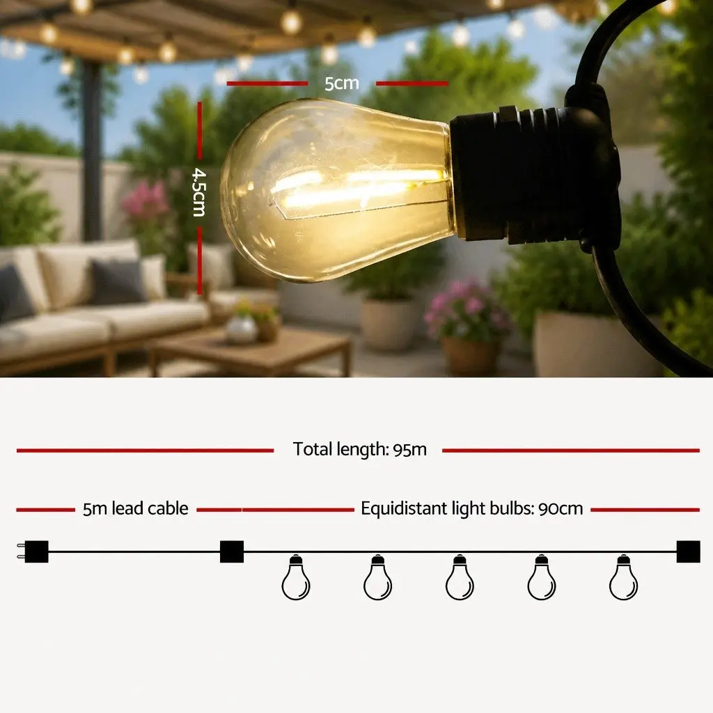 95m LED Festoon String Lights Warm White Outdoor Garden Wedding Party Christmas