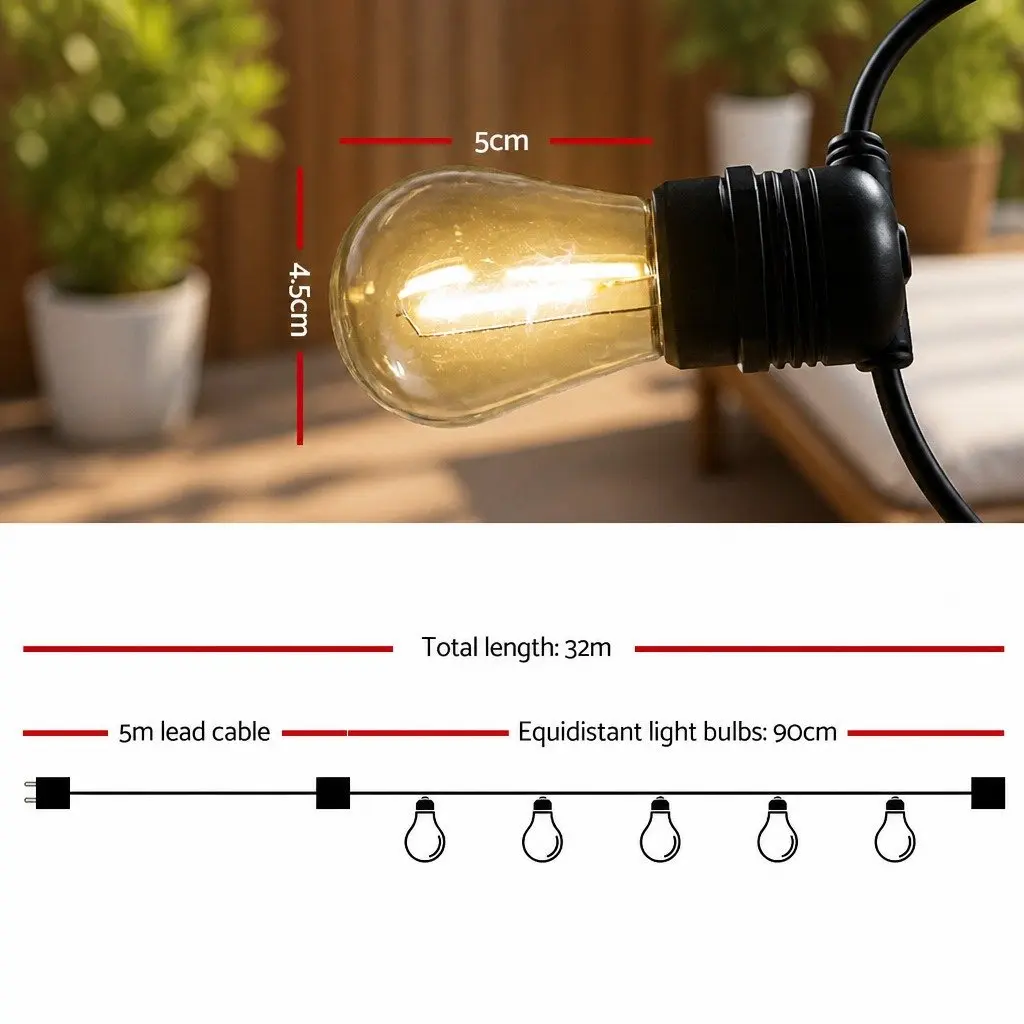 Festoon String Lights LED 32m Warm White Outdoor Garden Wedding Party