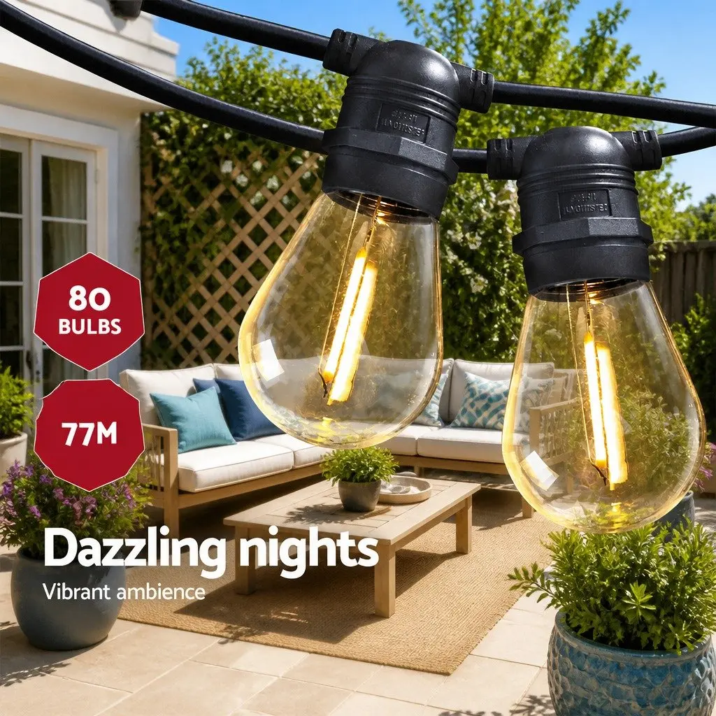 LED Festoon String Lights Warm White 77m Outdoor Garden Party