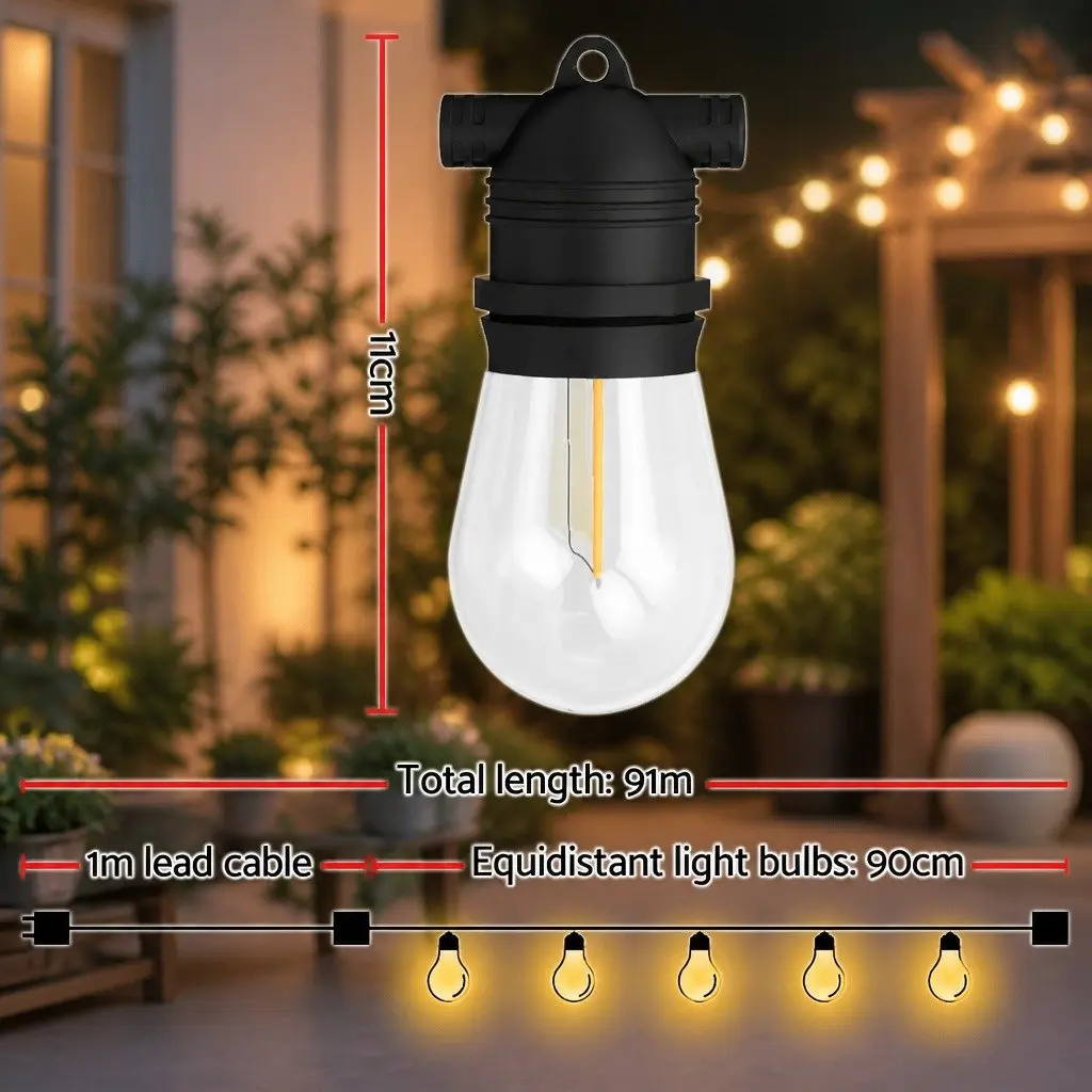 Festoon String Lights 91m Warm White 100 Bulbs Indoor Outdoor Christmas Party