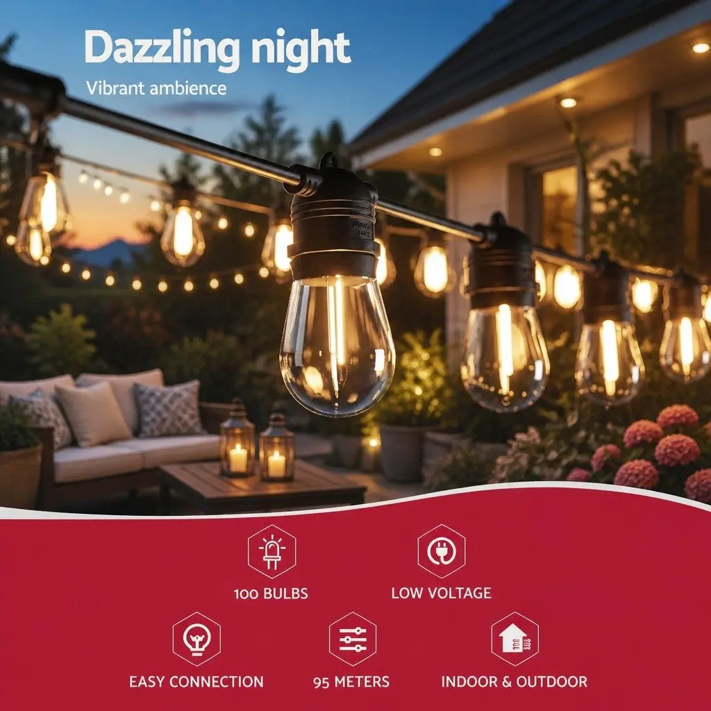 Festoon String Lights 91m Warm White 100 Bulbs Indoor Outdoor Christmas Party