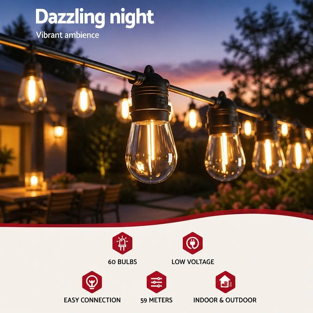 Festoon String Lights 55m Warm White Outdoor Christmas Party Lights Decor