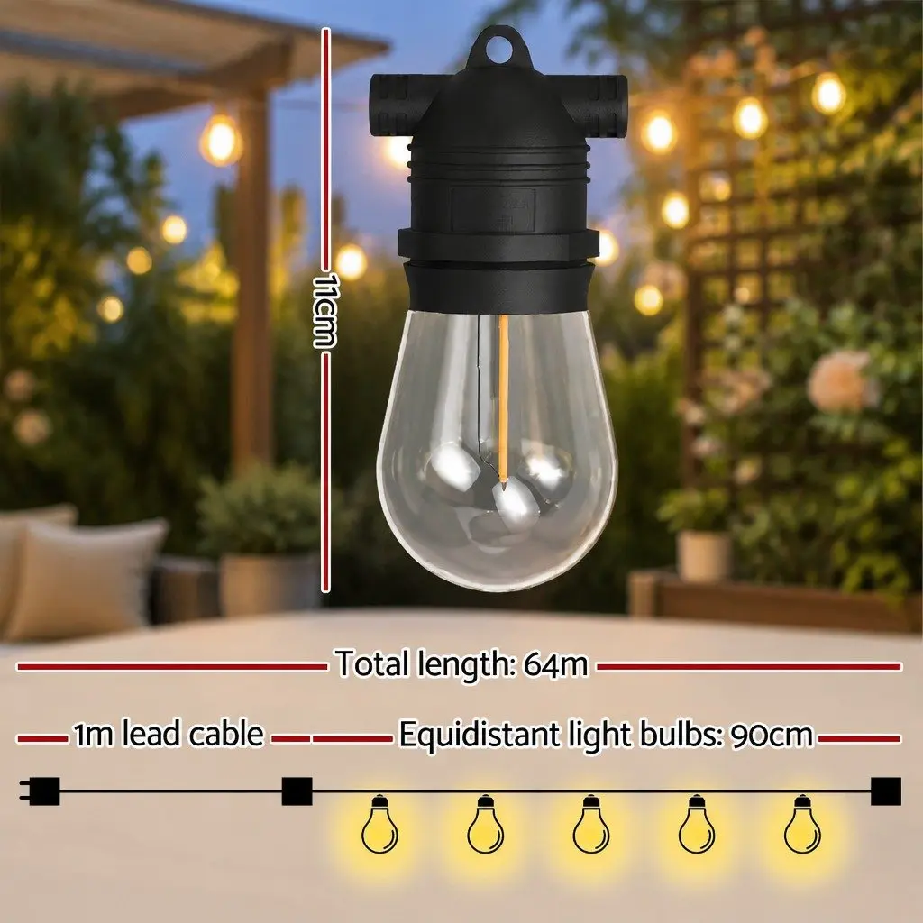 Festoon Lights Warm White 64m Length 70 Bulbs Indoor Outdoor Party Garden Decoration