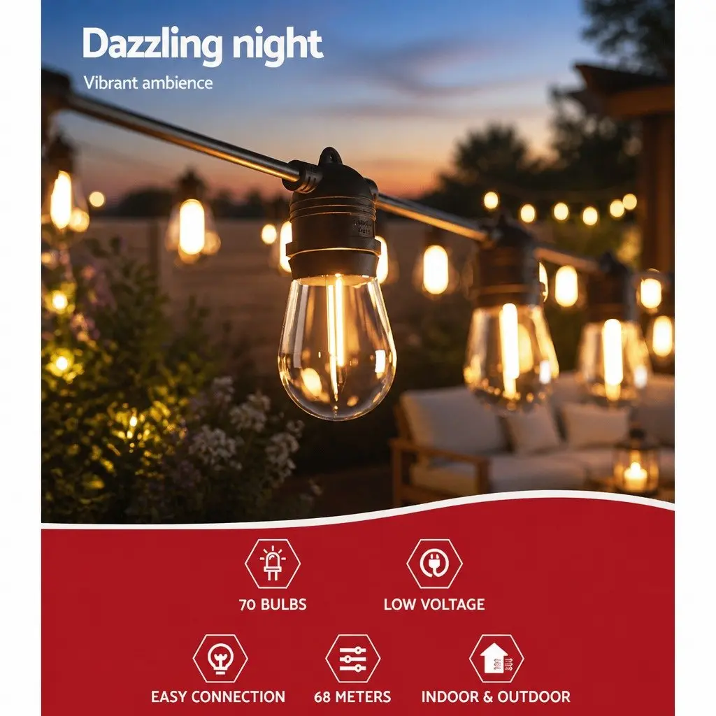 Festoon Lights Warm White 64m Length 70 Bulbs Indoor Outdoor Party Garden Decoration