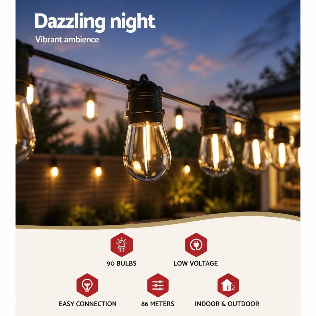 Festoon String Lights Outdoor 82m Warm White 90 Bulbs for Garden Christmas Party