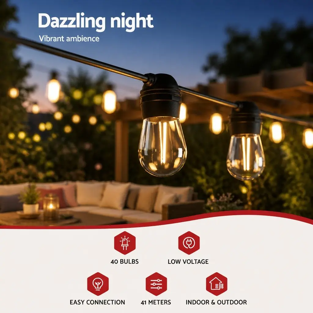 Solar Festoon String Lights 41m Outdoor LED Warm White Christmas Party