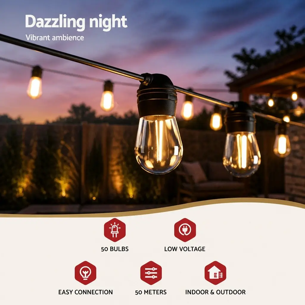 50m Solar Festoon String Lights Warm White Outdoor LED Christmas Party