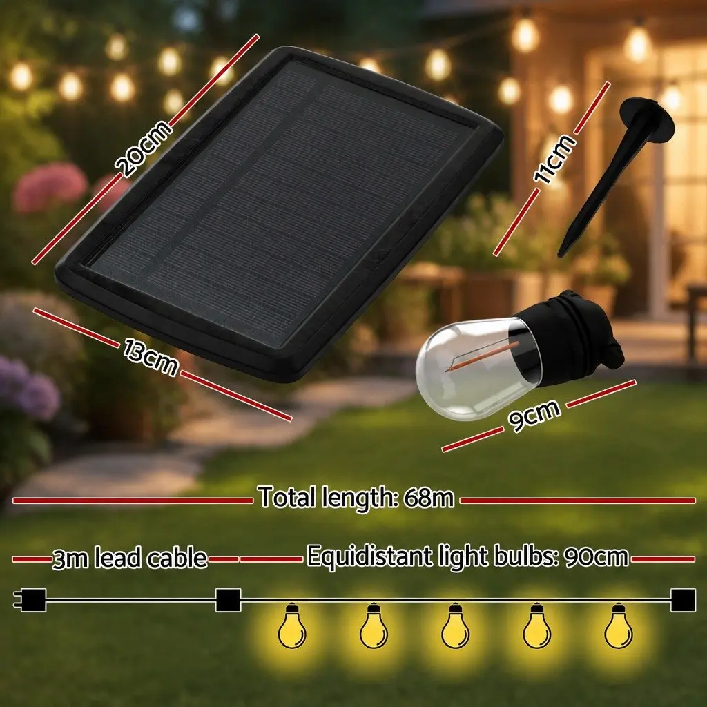 Solar Festoon String Lights 68m Warm White LED Outdoor Christmas Party