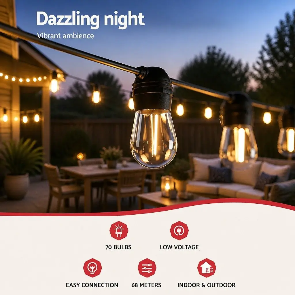 Solar Festoon String Lights 68m Warm White LED Outdoor Christmas Party
