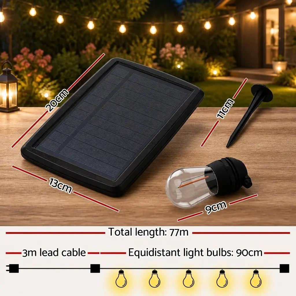 77m Solar Festoon Lights Outdoor LED String Light Warm White Christmas Party