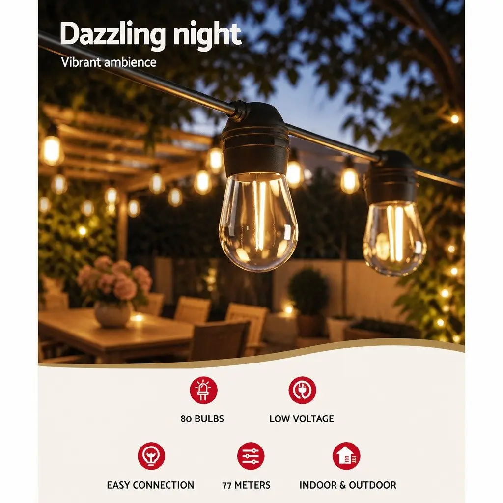 77m Solar Festoon Lights Outdoor LED String Light Warm White Christmas Party