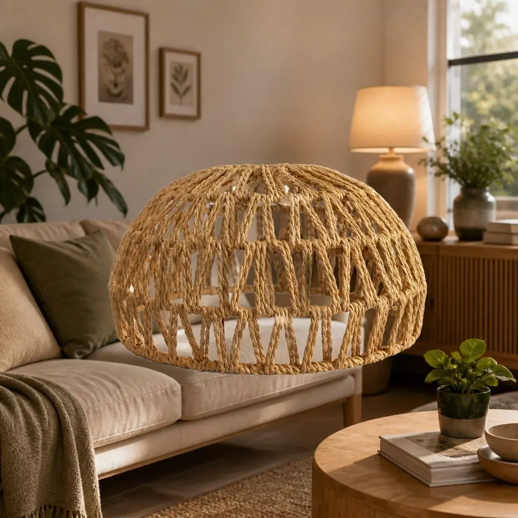 Woven Pendant Light Shade Ceiling Lamp Hemp Rope Iron Frame Home Décor Hanging