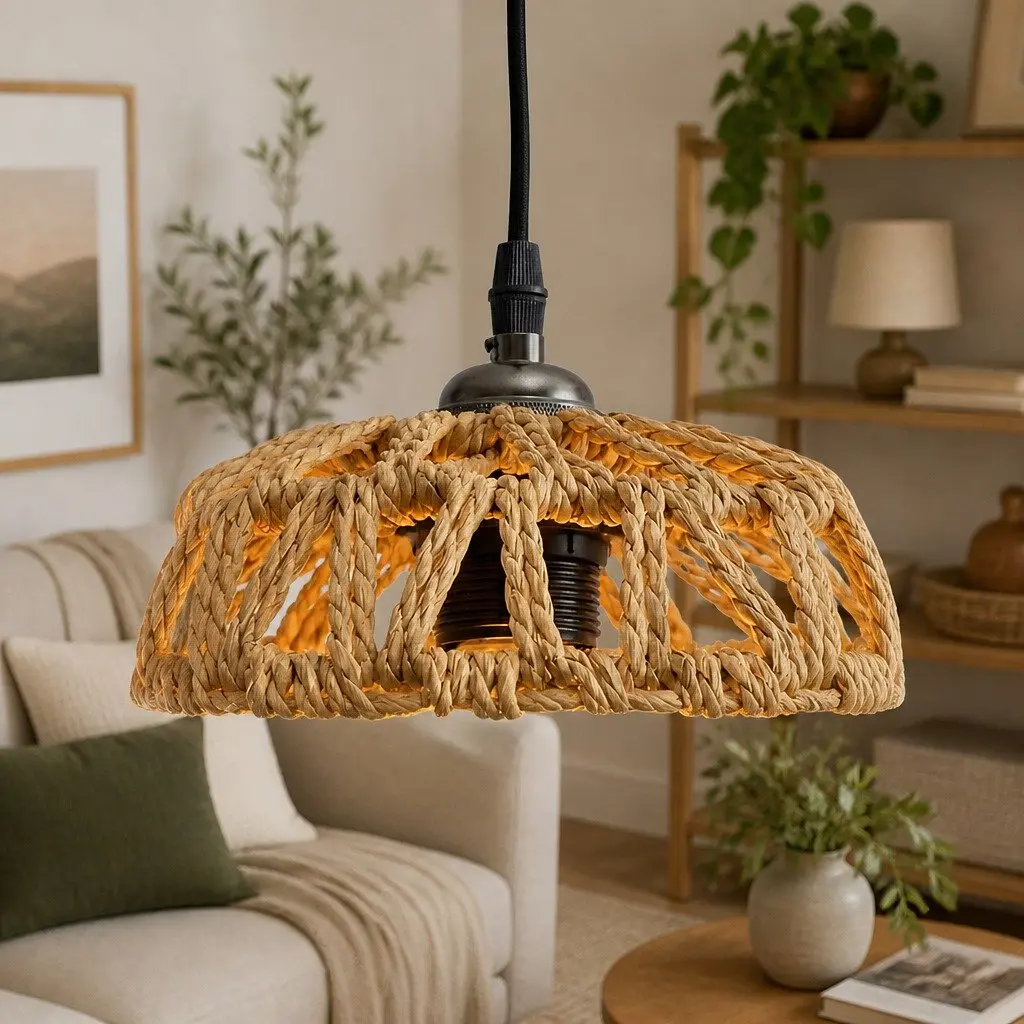 Woven Pendant Light Shade Ceiling Lamp Hemp Rope Iron Frame Home Décor Hanging