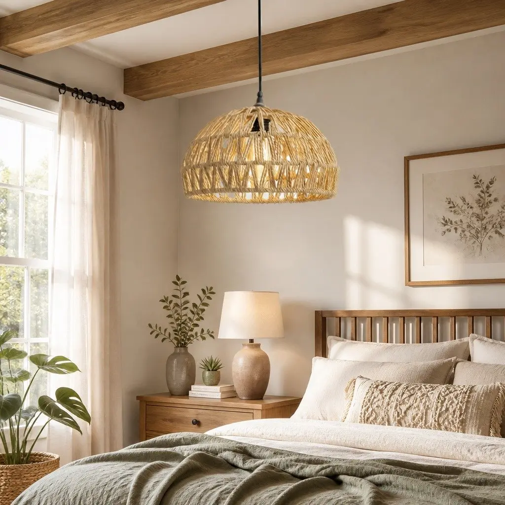 Woven Pendant Light Shade Ceiling Lamp Hemp Rope Iron Frame Home Décor Hanging