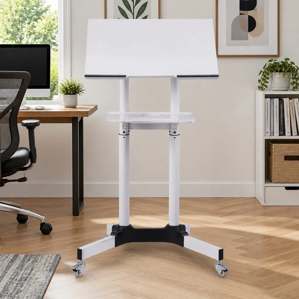 Mobile Lectern Stand Adjustable Sit-to-Stand Presentation Podium White ABS Iron 60cm x 40cm