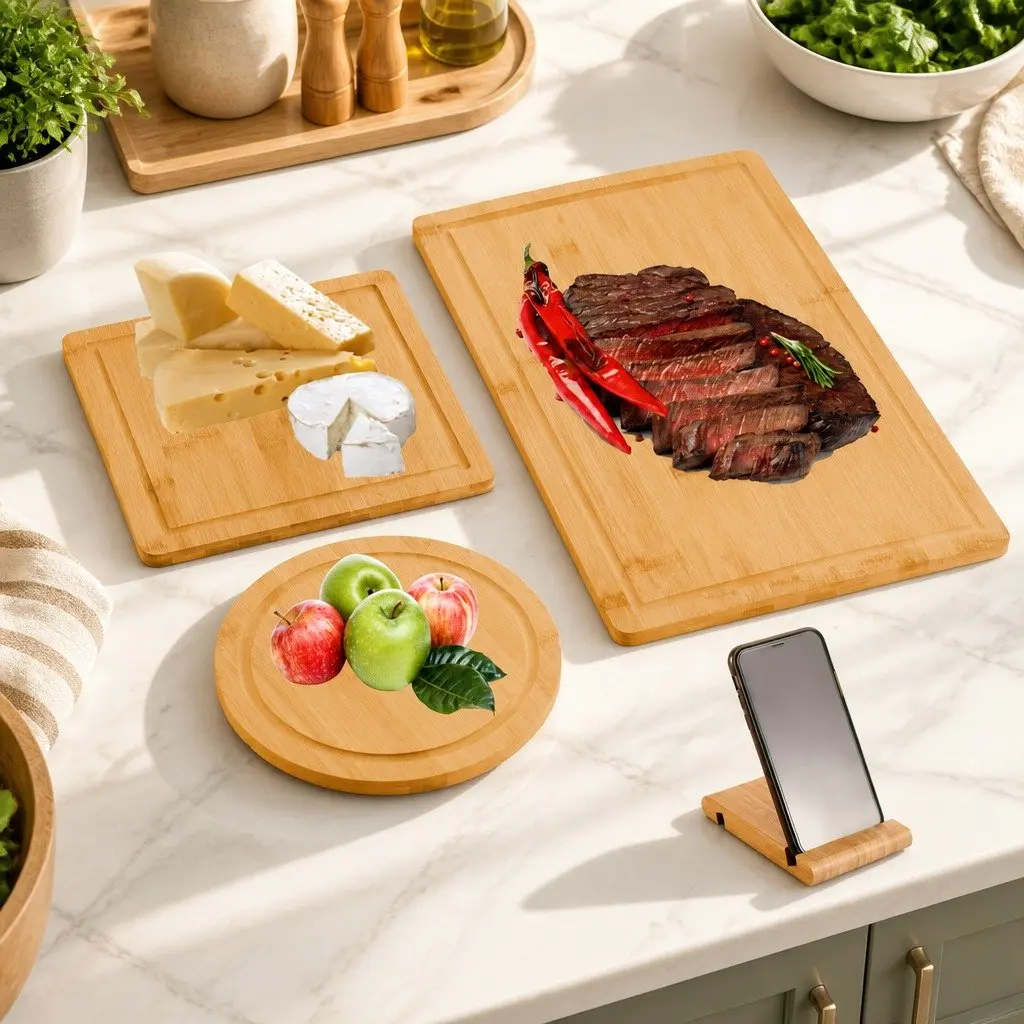 Bamboo Cutting Board Set 3 Pieces with Juice Groove Round Square Rectangular