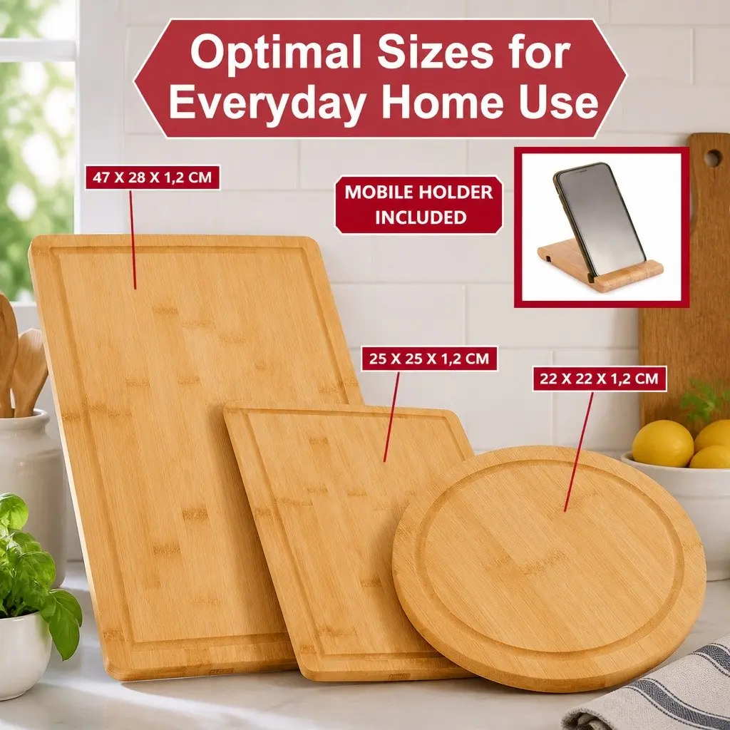 Bamboo Cutting Board Set 3 Pieces with Juice Groove Round Square Rectangular