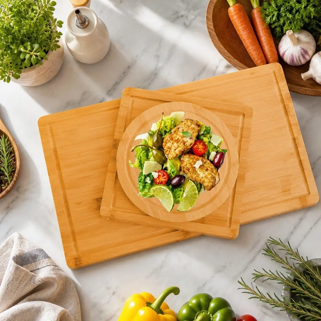 Bamboo Cutting Board Set 3 Pieces with Juice Groove Round Square Rectangular
