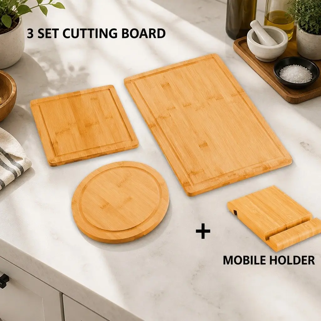 Bamboo Cutting Board Set 3 Pieces with Juice Groove Round Square Rectangular