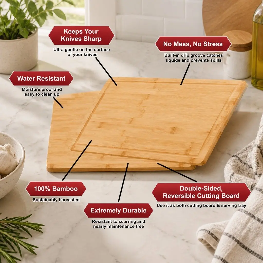 Bamboo Cutting Board Set 3 Pieces with Juice Groove Round Square Rectangular