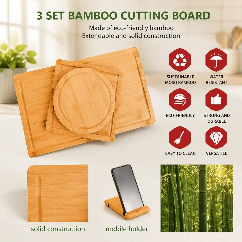 Bamboo Cutting Board Set 3 Pieces with Juice Groove Round Square Rectangular