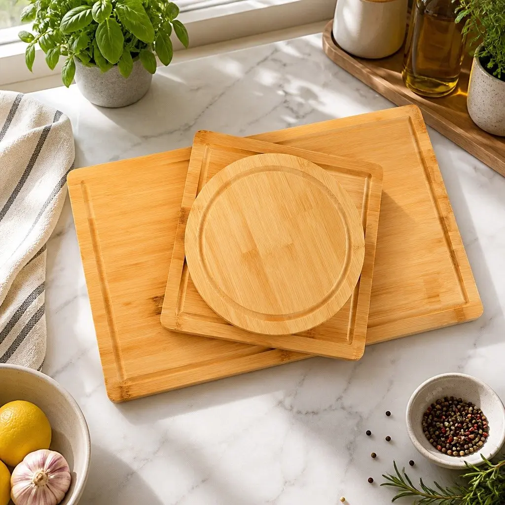 Bamboo Cutting Board Set 3 Pieces with Juice Groove Round Square Rectangular