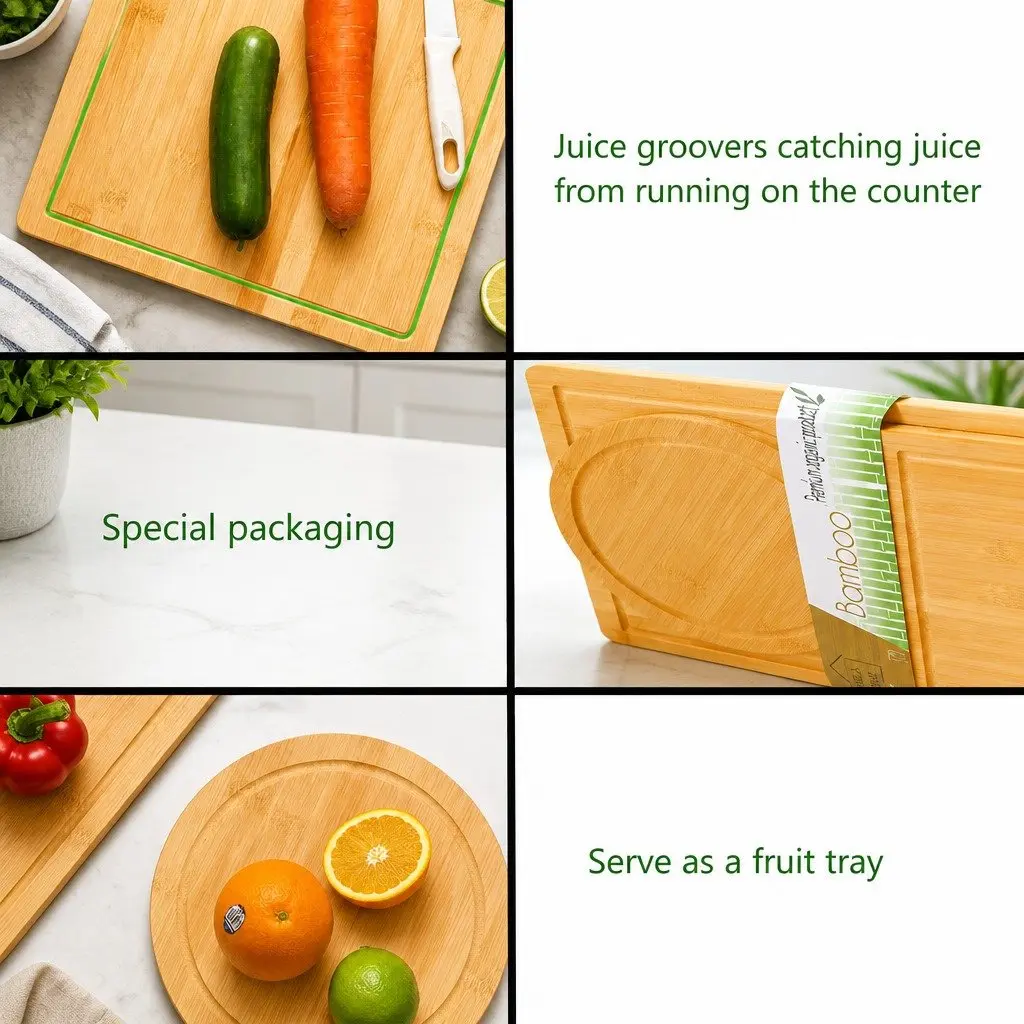 Bamboo Cutting Board Set 3 Pieces with Juice Groove Round Square Rectangular