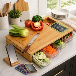 Functional Bamboo Cutting Board with Trays for Kitchen Use