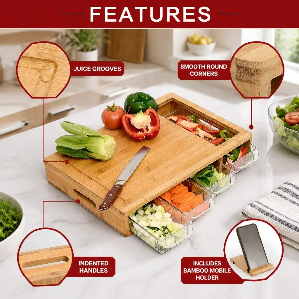 Bamboo Cutting Board Large for Kitchen Food Preparation with Integrated Juice Grooves 4 Organizer Trays and Mobile Holder