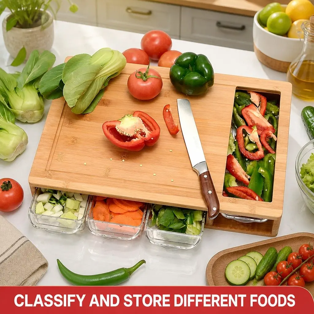 Bamboo Cutting Board Large for Kitchen Food Preparation with Integrated Juice Grooves 4 Organizer Trays and Mobile Holder