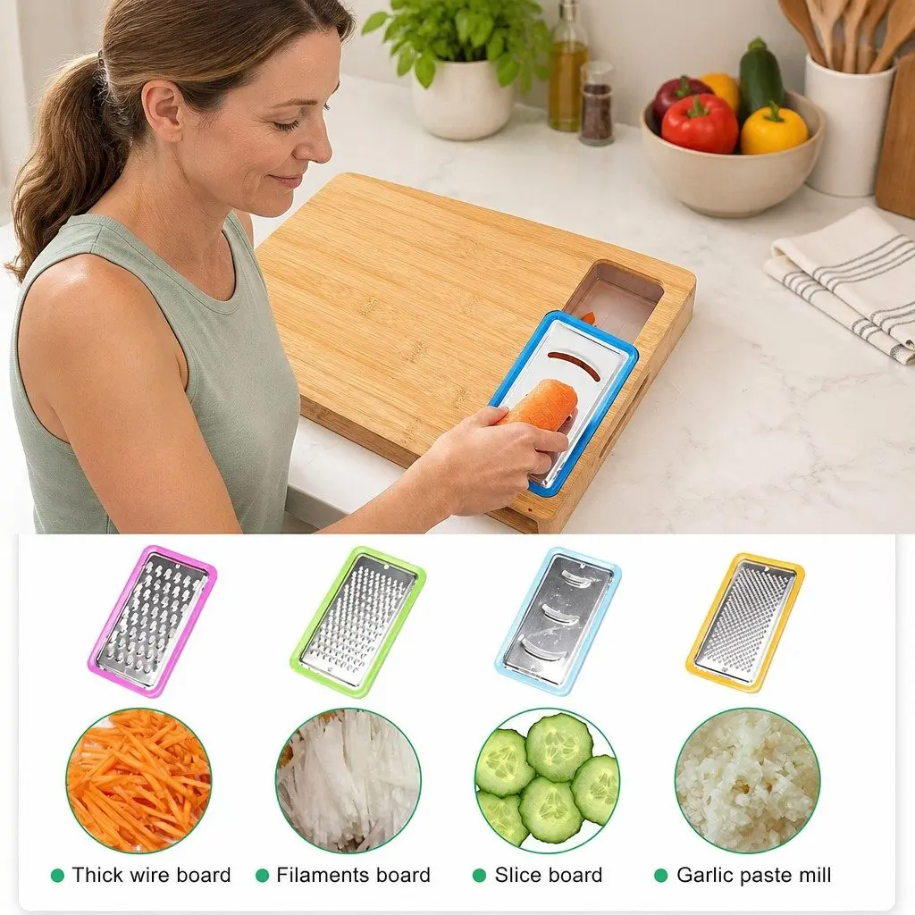 Bamboo Cutting Board Large for Kitchen Food Preparation with Integrated Juice Grooves 4 Organizer Trays and Mobile Holder