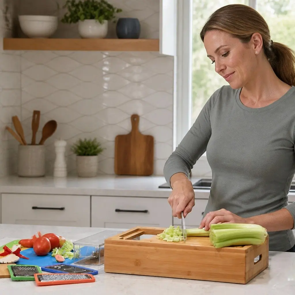 Bamboo Cutting Board Large for Kitchen Food Preparation with Integrated Juice Grooves 4 Organizer Trays and Mobile Holder