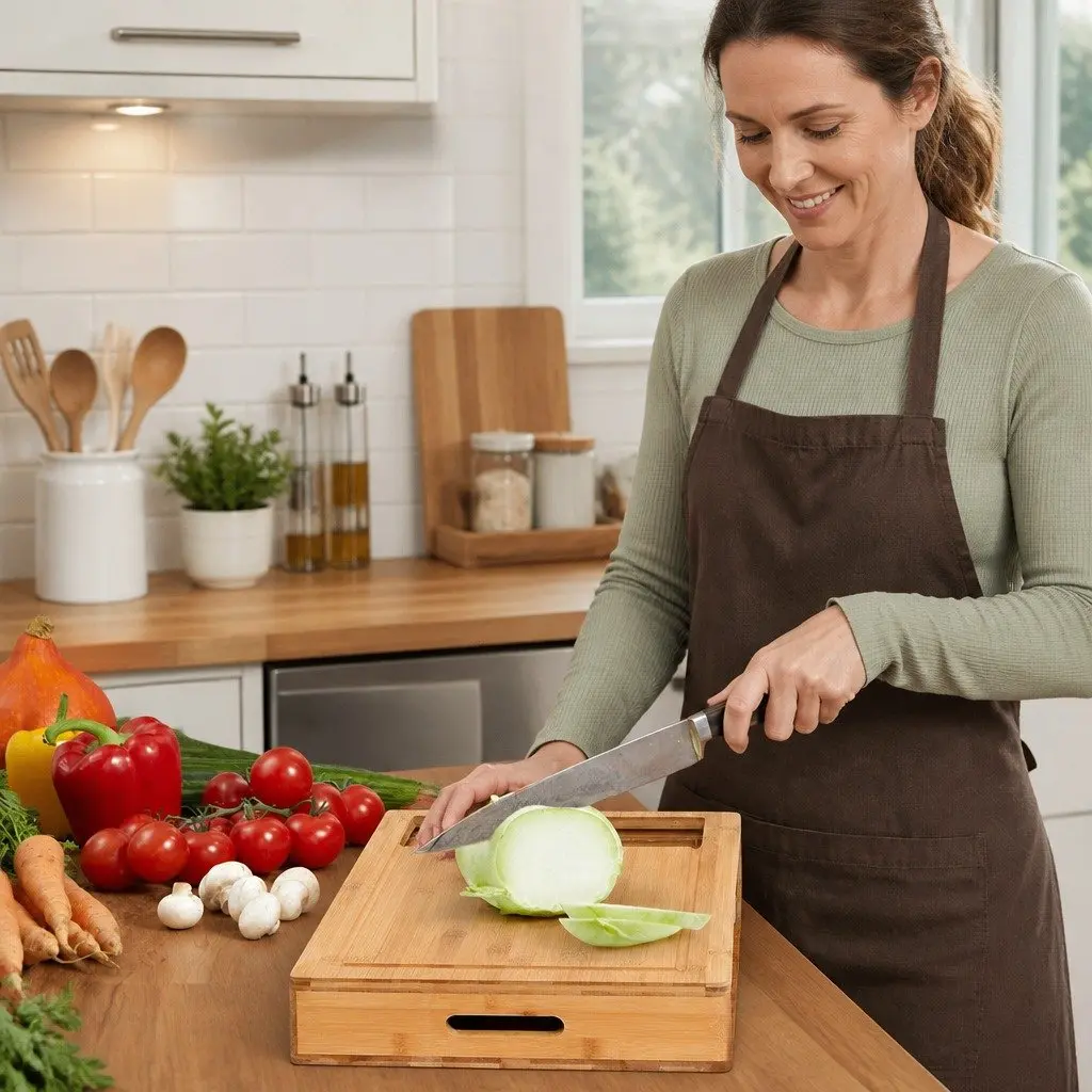 Bamboo Cutting Board Large for Kitchen Food Preparation with Integrated Juice Grooves 4 Organizer Trays and Mobile Holder