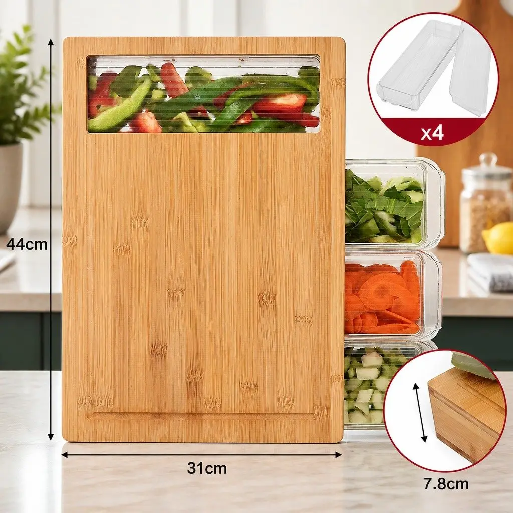 Bamboo Cutting Board Large for Kitchen Food Preparation with Integrated Juice Grooves 4 Organizer Trays and Mobile Holder
