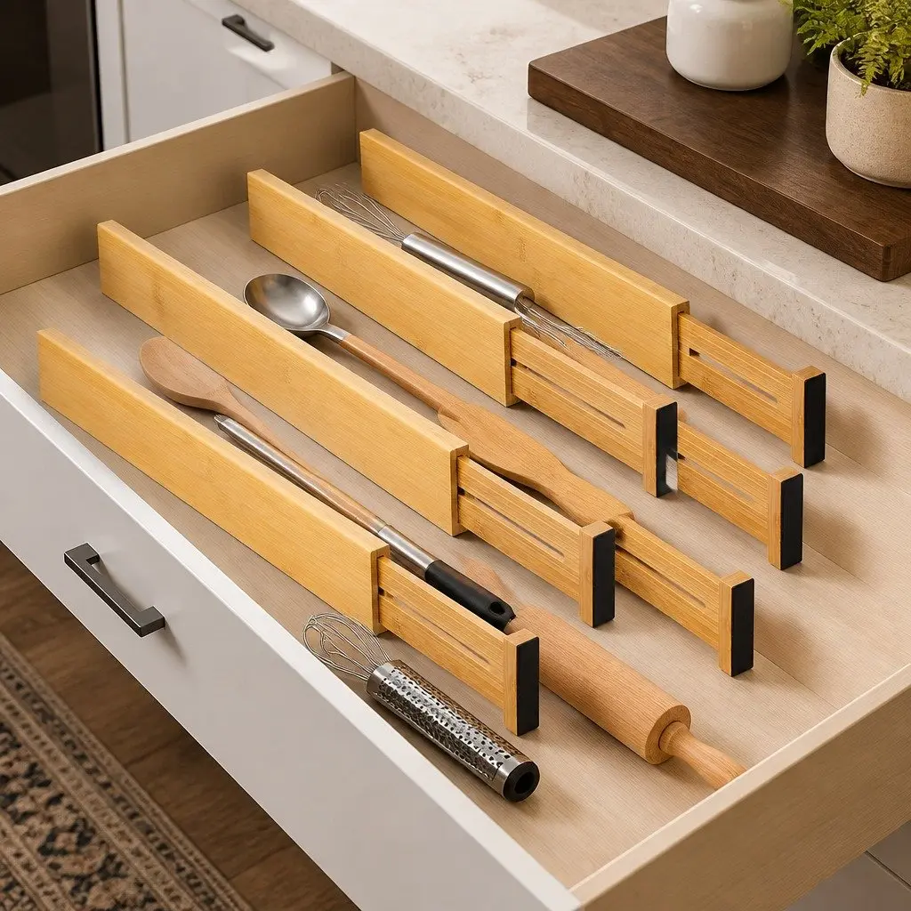 Bamboo Drawer Organizers 6 Piece Adjustable Dividers 44 to 55cm for Kitchen Bathroom Bedroom Storage