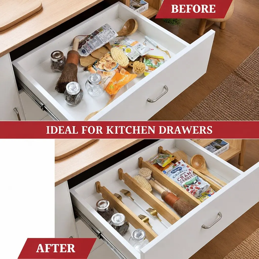 Bamboo Drawer Organizers 6 Piece Adjustable Dividers 44 to 55cm for Kitchen Bathroom Bedroom Storage