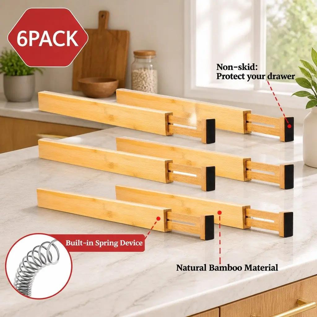 Bamboo Drawer Organizers 6 Piece Adjustable Dividers 44 to 55cm for Kitchen Bathroom Bedroom Storage