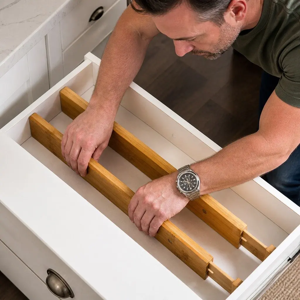 Bamboo Drawer Organizers 6 Piece Adjustable Dividers 44 to 55cm for Kitchen Bathroom Bedroom Storage